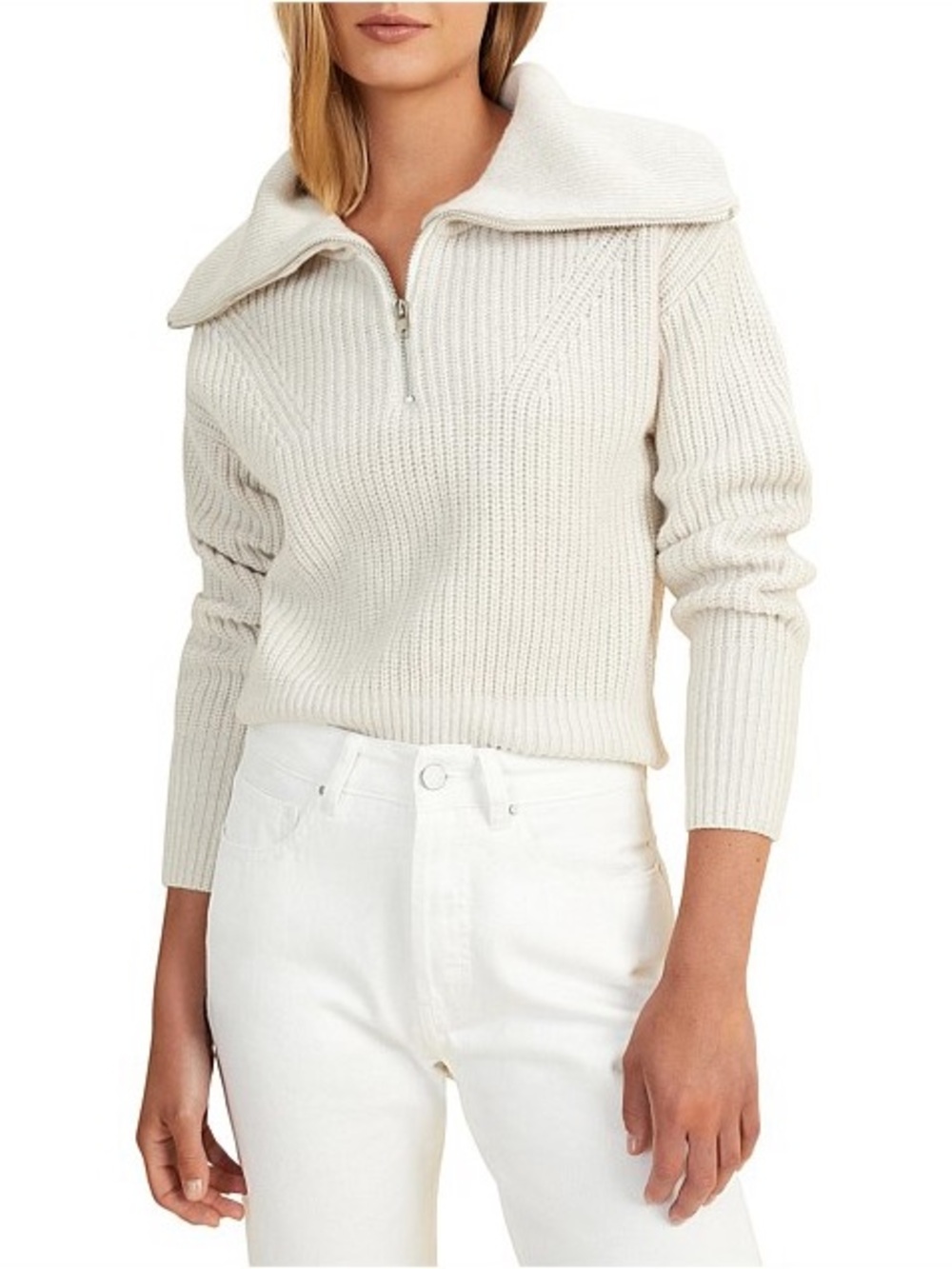 Sandro Cream Wool Blend Half-Zip Cropped Ribbed Sweater